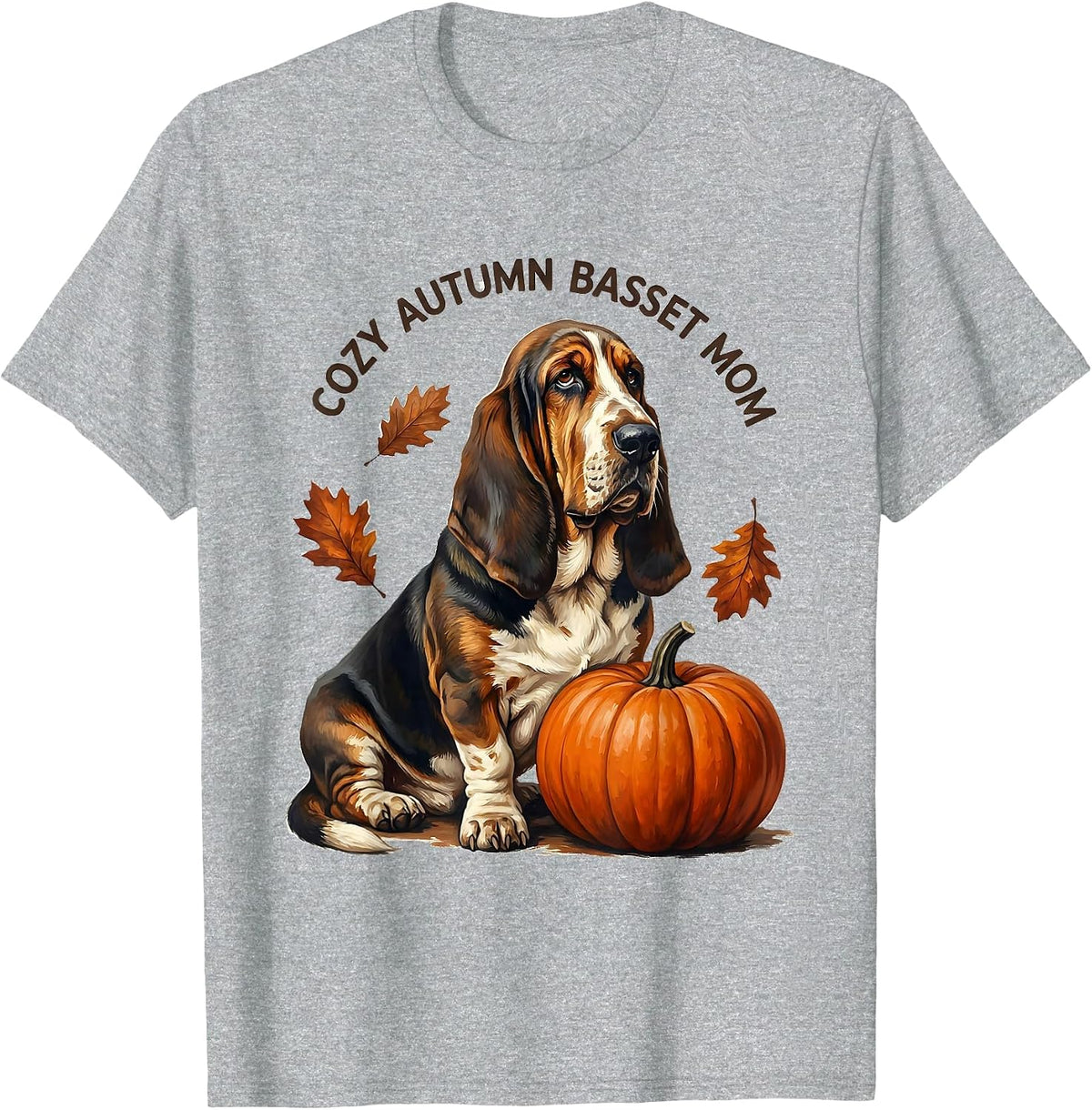 Men's Cozy Autumn Basset Mom Whimsical Basset Hound Fall Dog Lover T-Shirt - Heather Grey