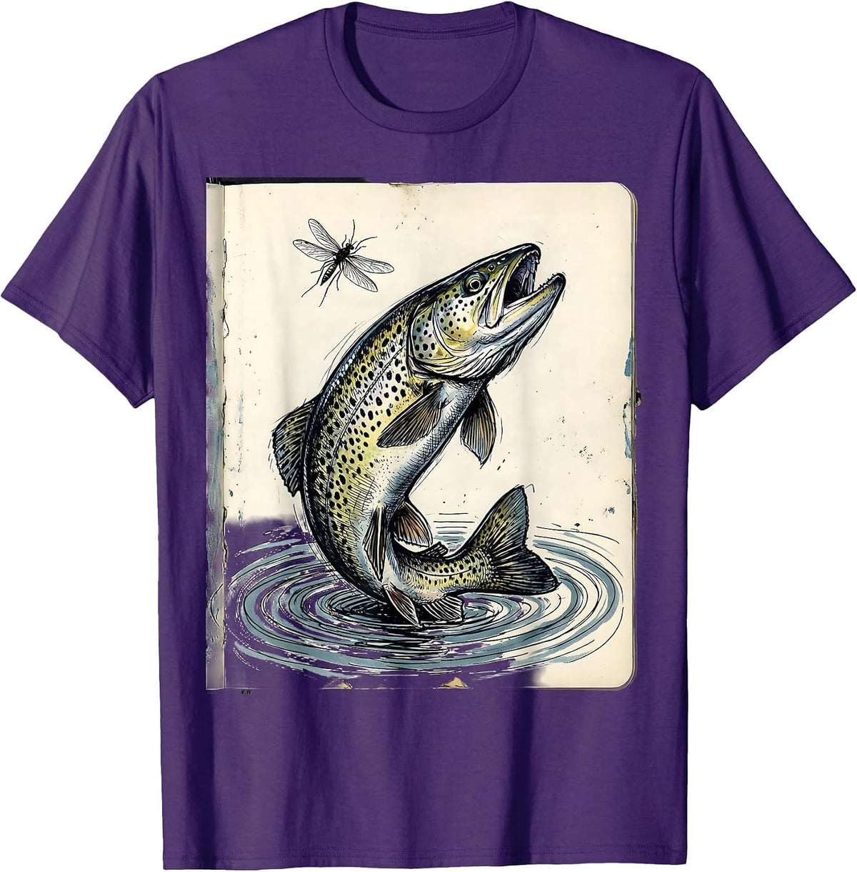 Trout Rising to Mayfly Fishing Illustration T-Shirt - Purple
