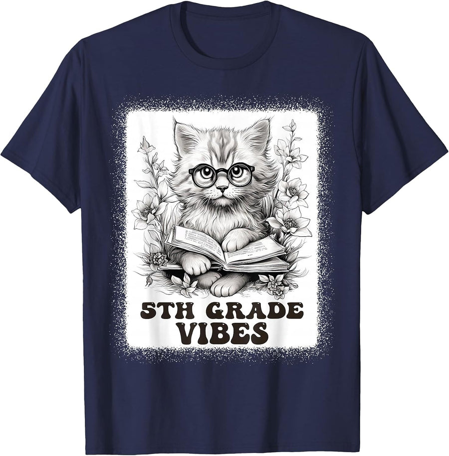 Fifth Grade Vibes - 5th Grade Cat Reading 1st Day of School T-Shirt - Navy Blue