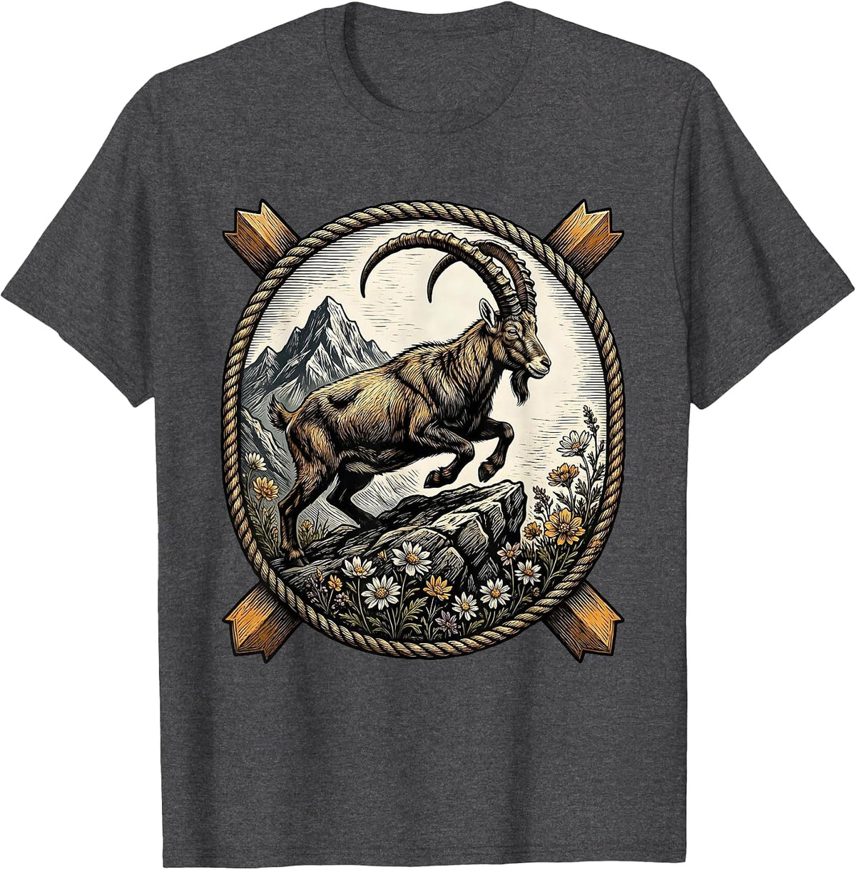 Men's Alpine Mountain Goat Oktoberfest Rocky Ledge Design T-Shirt - Dark Heather Grey
