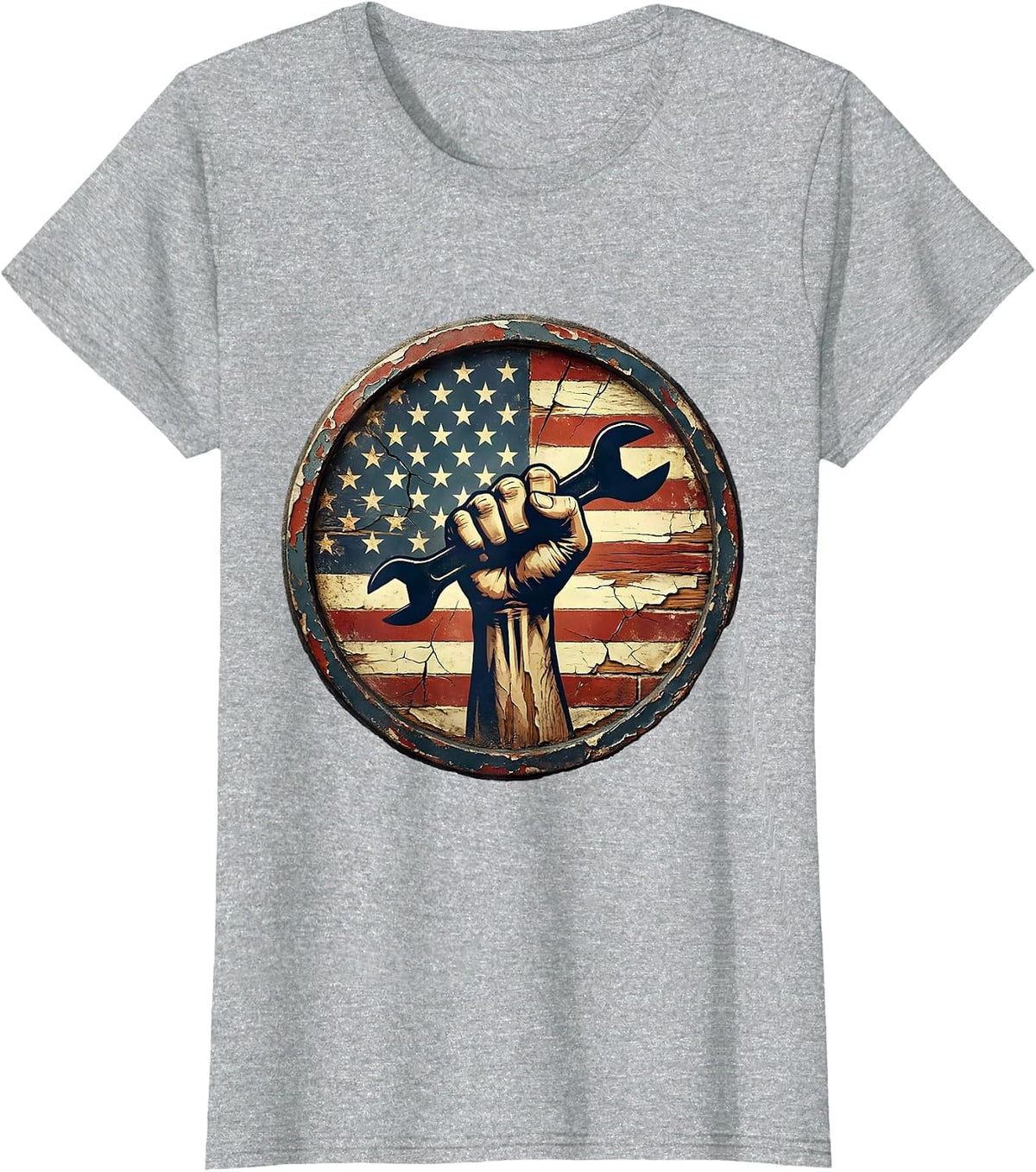 Labor Day Muscular Fist Gripping Wrench Graphic T-Shirt - Heather Grey