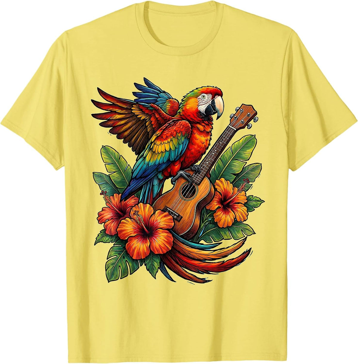 Men's Colorful Parrot on Ukulele Hawaiian Design T-Shirt - Lemon Yellow
