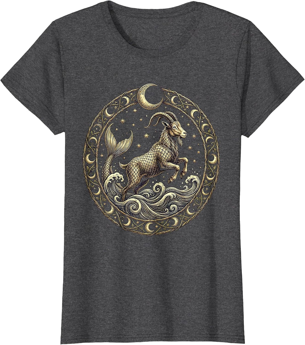 Women's Capricorn Sea-Goat Leaping Ocean Waves Zodiac T-Shirt - Dark Heather Grey