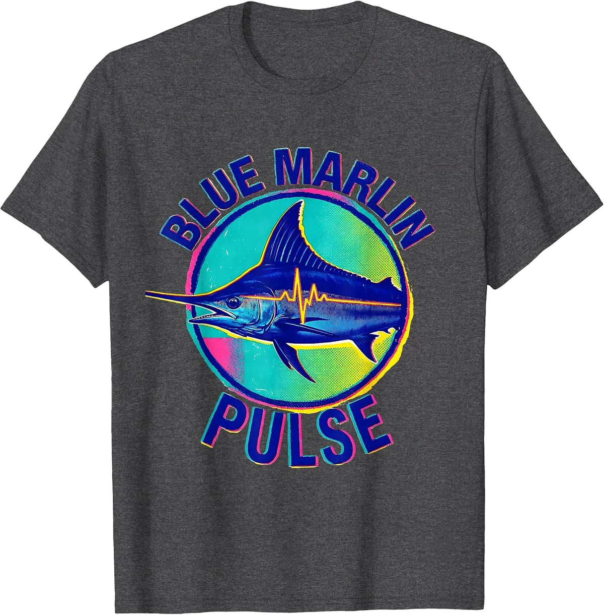 Men's Blue Marlin Pulse Risograph Fishing Angler Gift T-Shirt - Dark Heather Grey