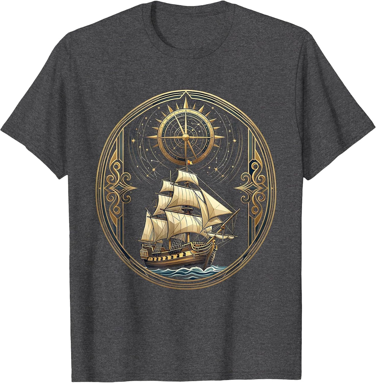 Renaissance Merchant Ship Starry Astrolabe Graphic T-Shirt - Dark Heather Grey