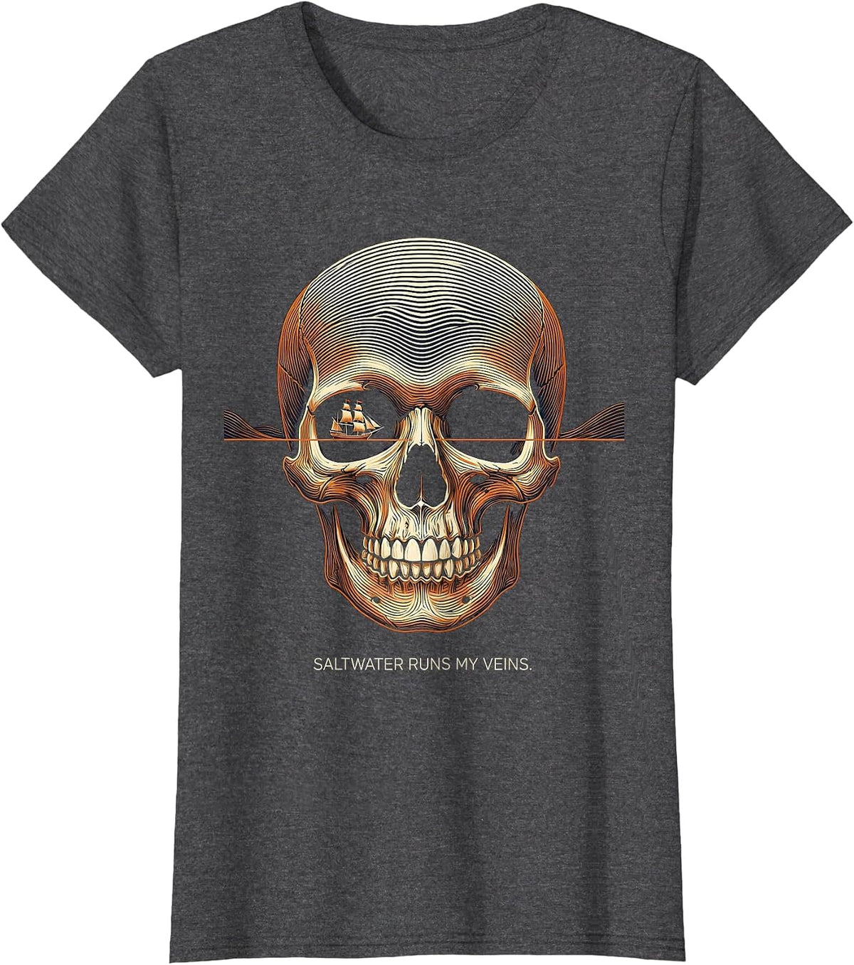 Women's Saltwater Runs My Veins Pirate Design T-Shirt - Dark Heather Grey