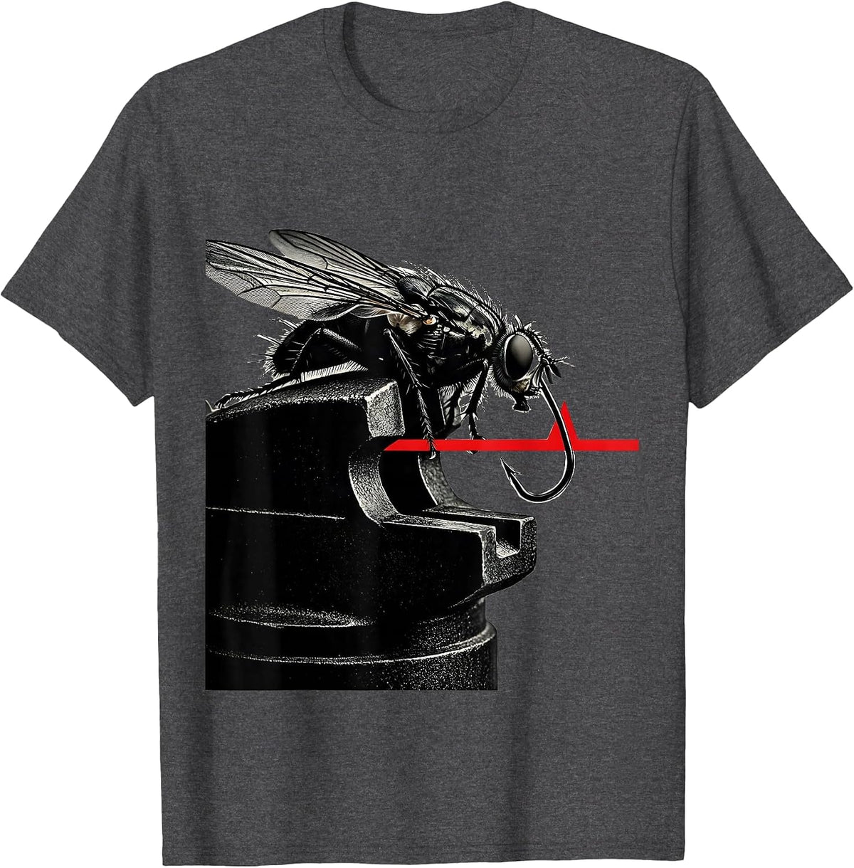 Angled Fly-Tying Vise Hook and Feather Hobby Pulse Line T-Shirt - Dark Heather Grey