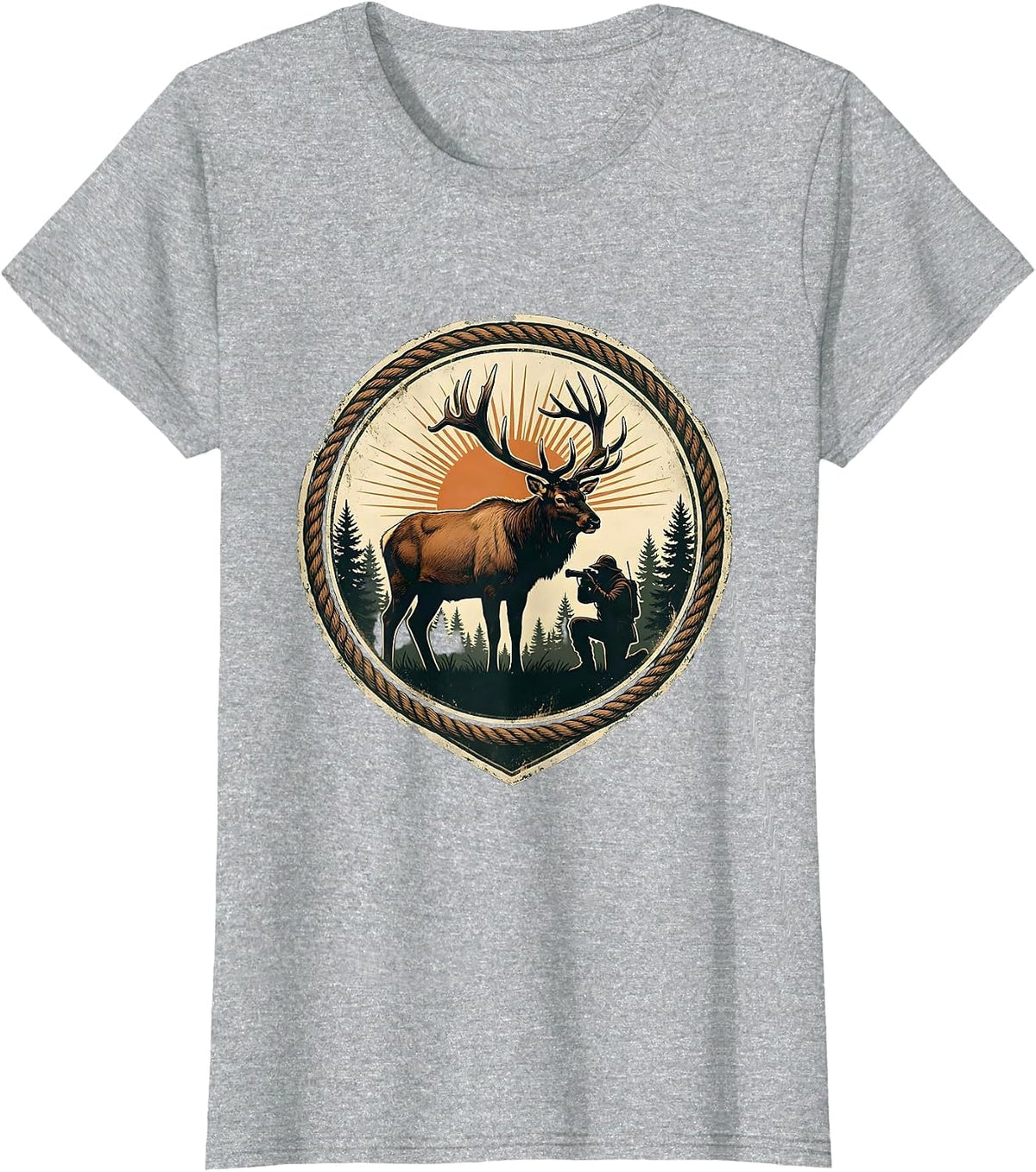 Women's Hunter Kneeling With Trophy Bull Elk Illustration T-Shirt - Heather Grey