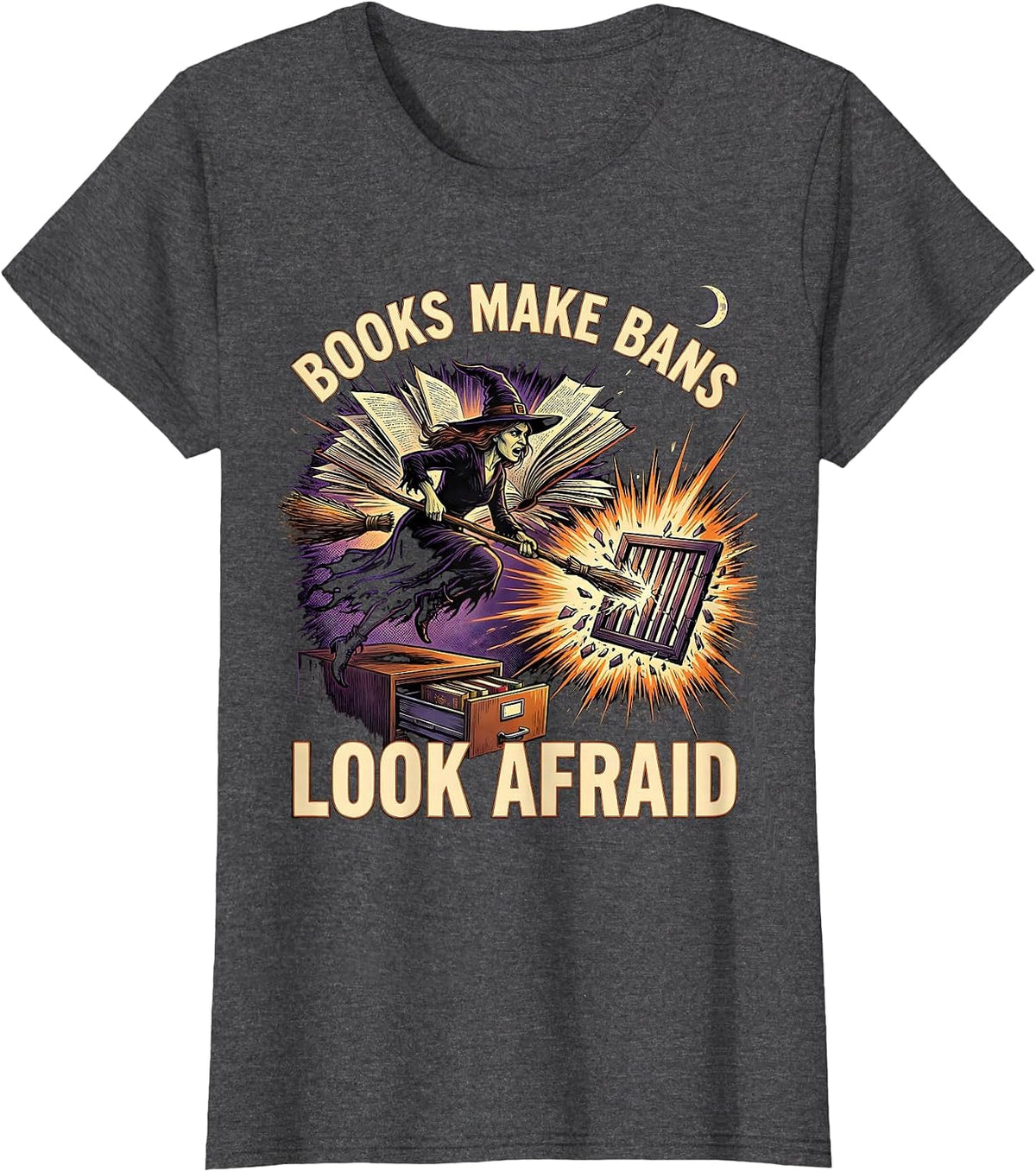 Women's Books Make Bans Look Afraid Comic Book Witch Halloween T-Shirt - Dark Heather Grey