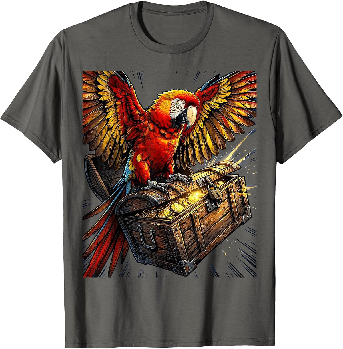 Pirate Parrot on Treasure Chest Illustration T-Shirt - Asphalt Grey