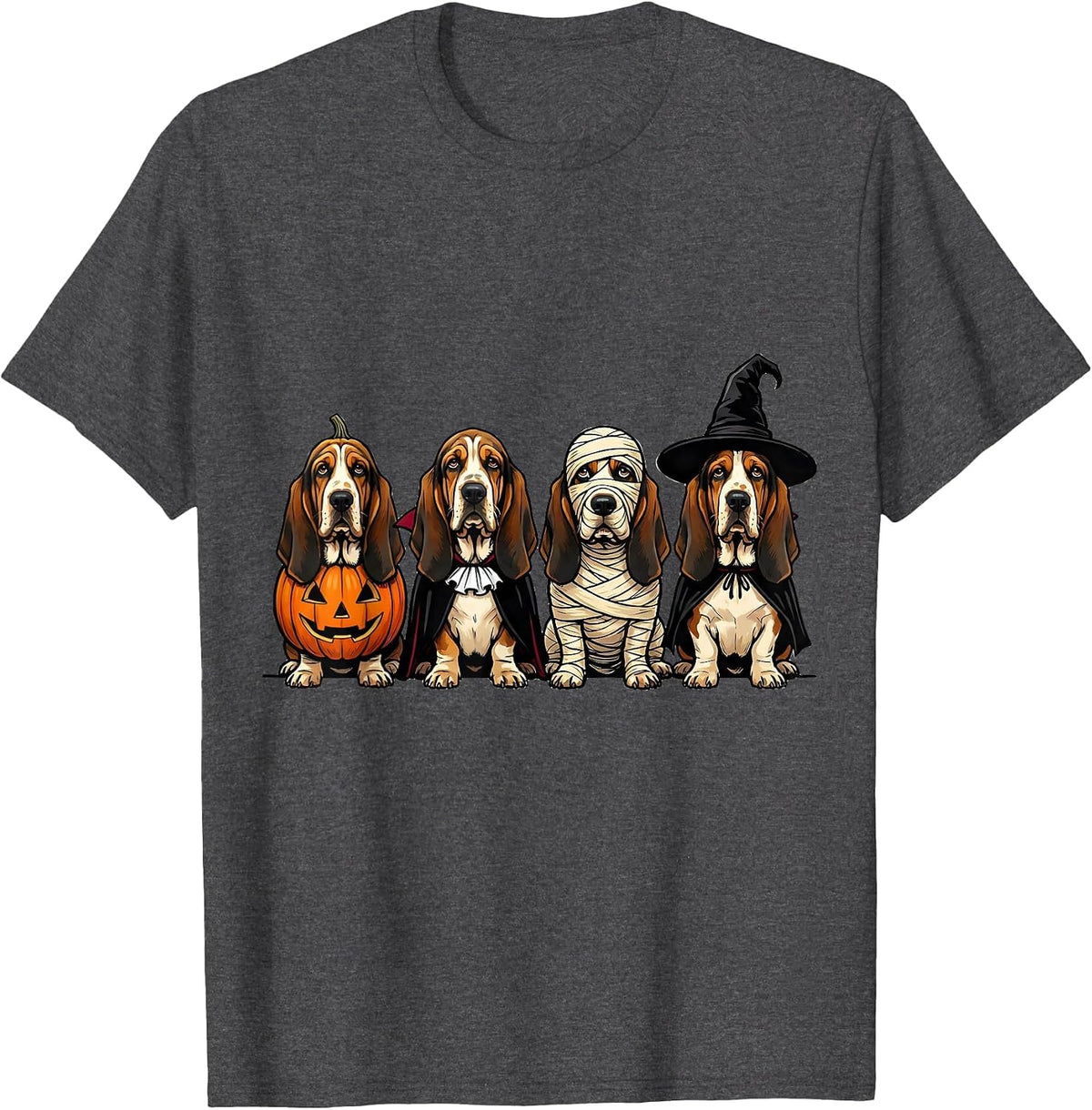 Men's Halloween Basset Hound Squad Pumpkin Vampire Mummy Witch Dog T-Shirt - Dark Heather Grey