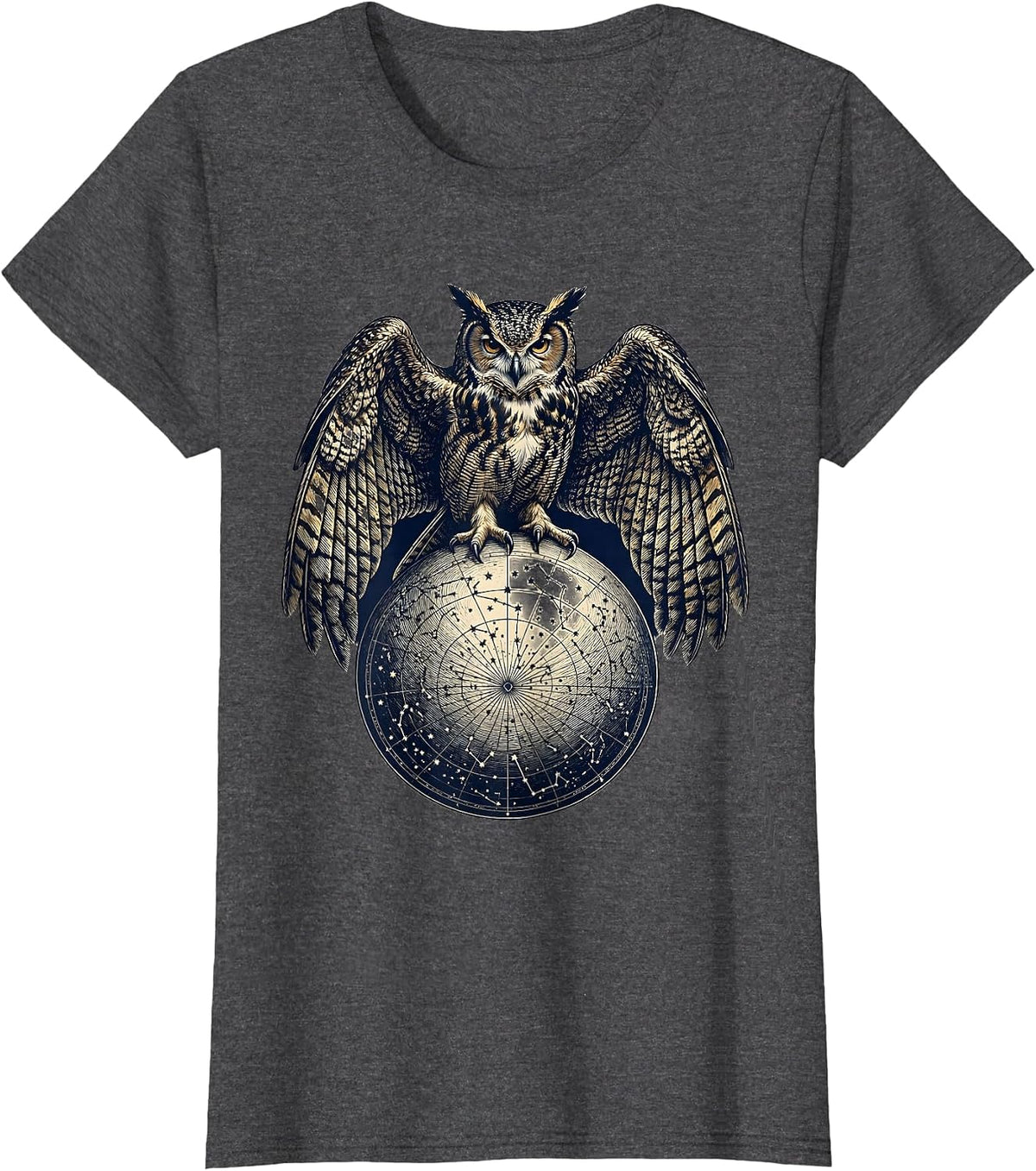 Women's Owl Perched on Constellation Map Illustration T-Shirt - Dark Heather Grey