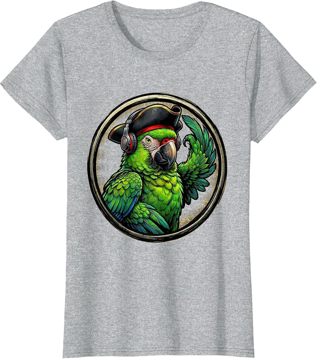 Funny Pirate Parrot With Tiny Earphones Graphic T-Shirt - Heather Grey