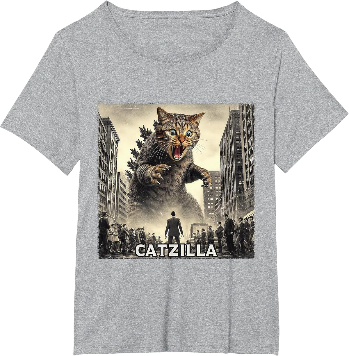 Catzilla Cat Japanese Art Funny T-Shirt - Heather Grey