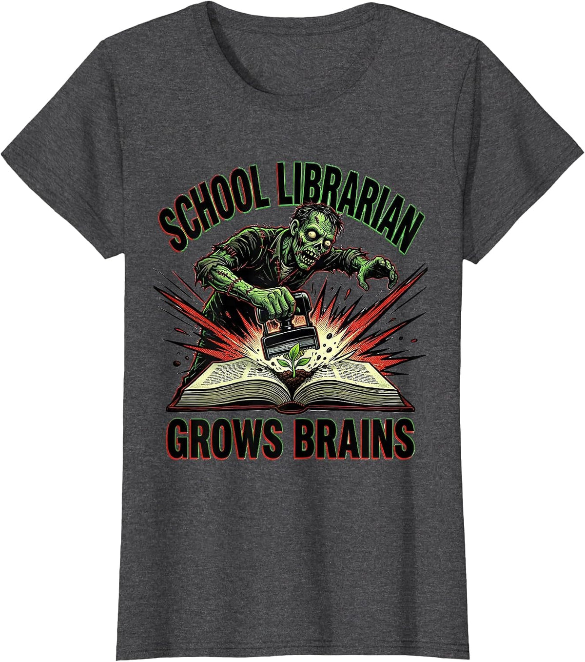 Women's School Librarian Grows Brains Comic Book Zombie Teacher T-Shirt - Dark Heather Grey