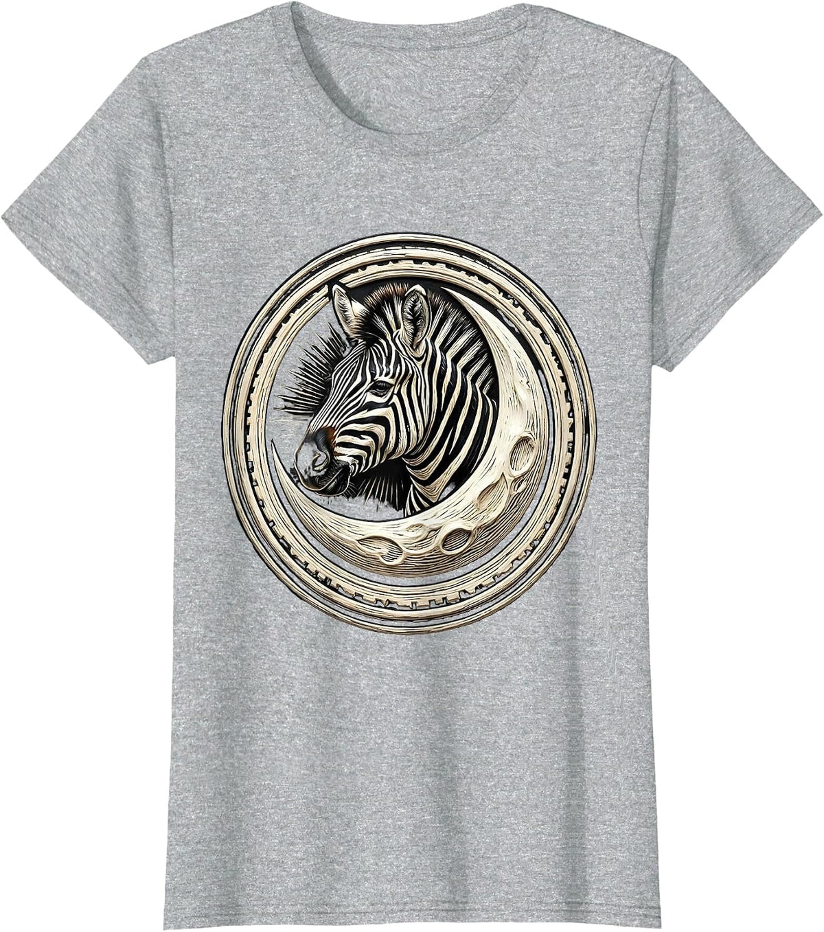 Zebra Head Crescent Moon Celestial Wildlife Art T-Shirt - Heather Grey