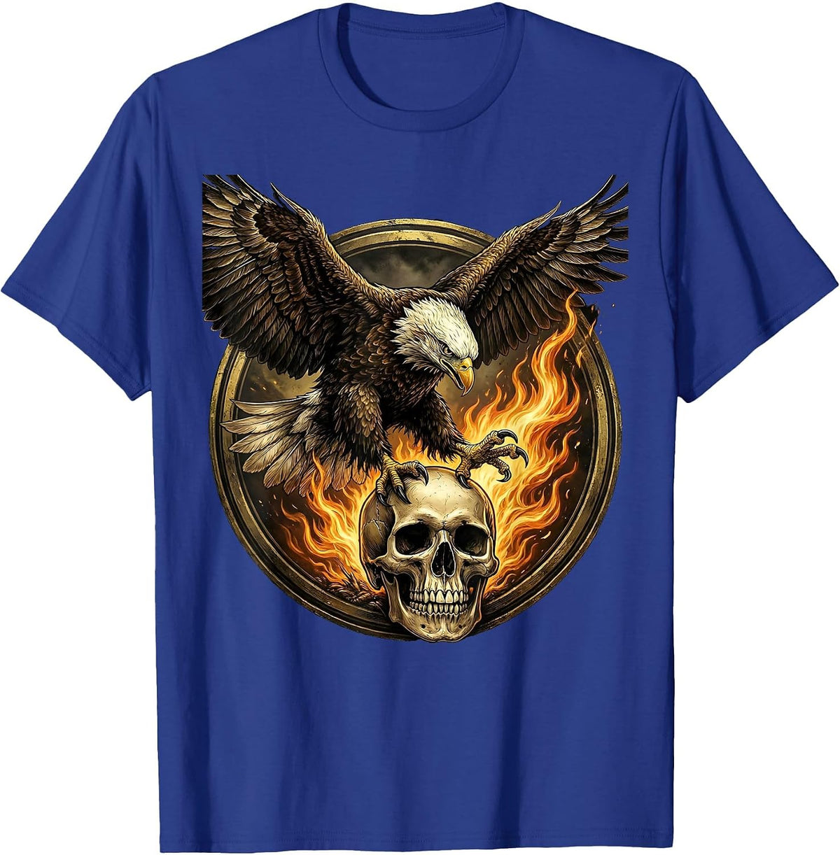 Bald Eagle Landing on Flaming Skull Graphic T-Shirt - Royal Blue