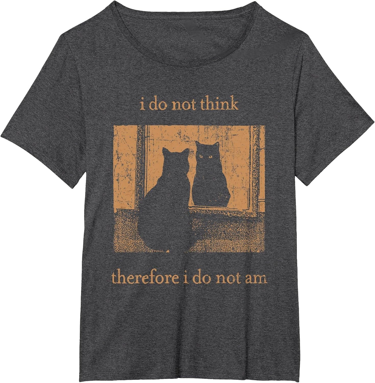 I Do Not Think Therefore I Do Not Am Retro Goth Funny Cat T-Shirt - Dark Heather Grey