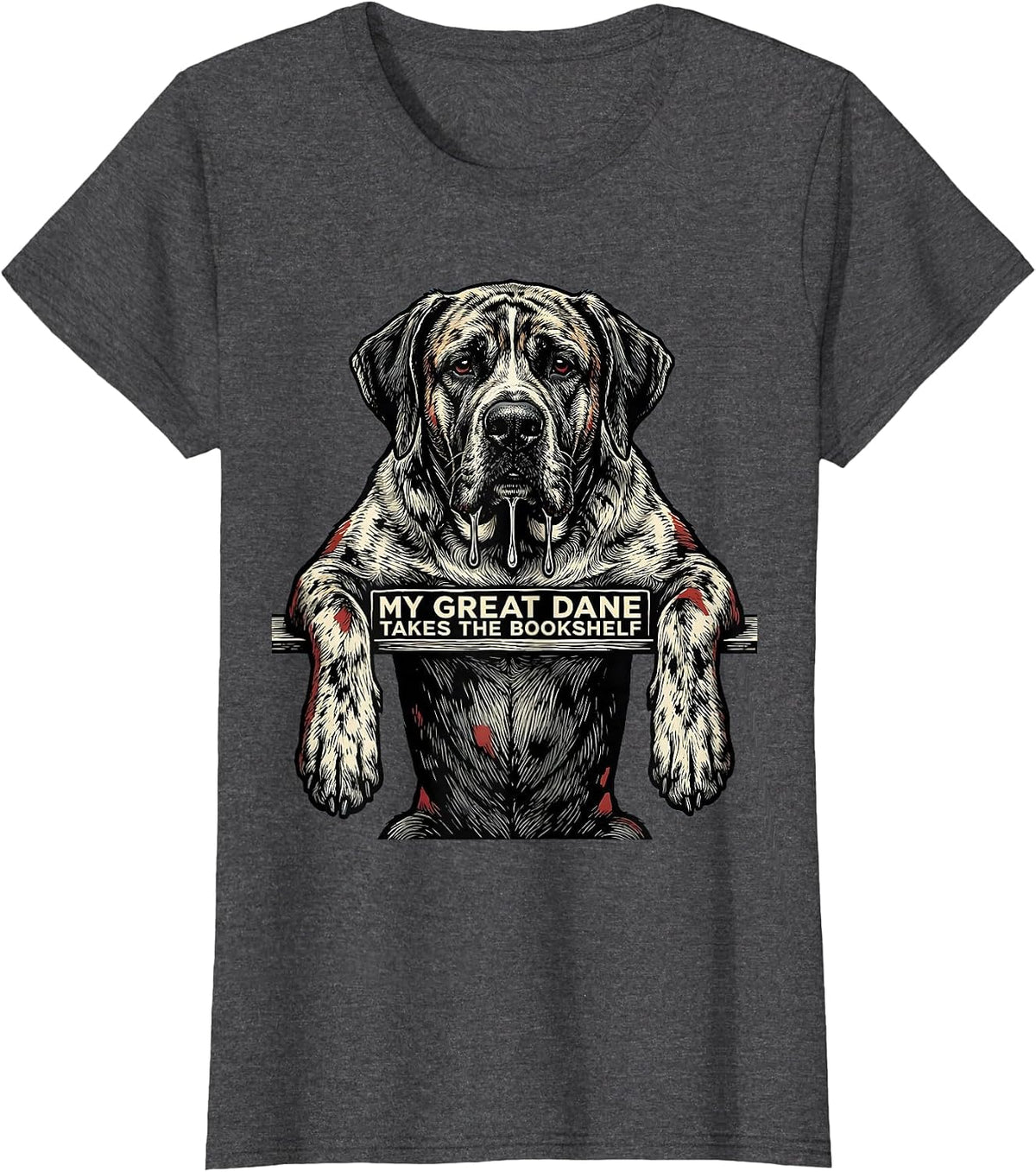 Women's My Great Dane Takes The Bookshelf Funny Dog Mom Dog Dad T-Shirt - Dark Heather Grey