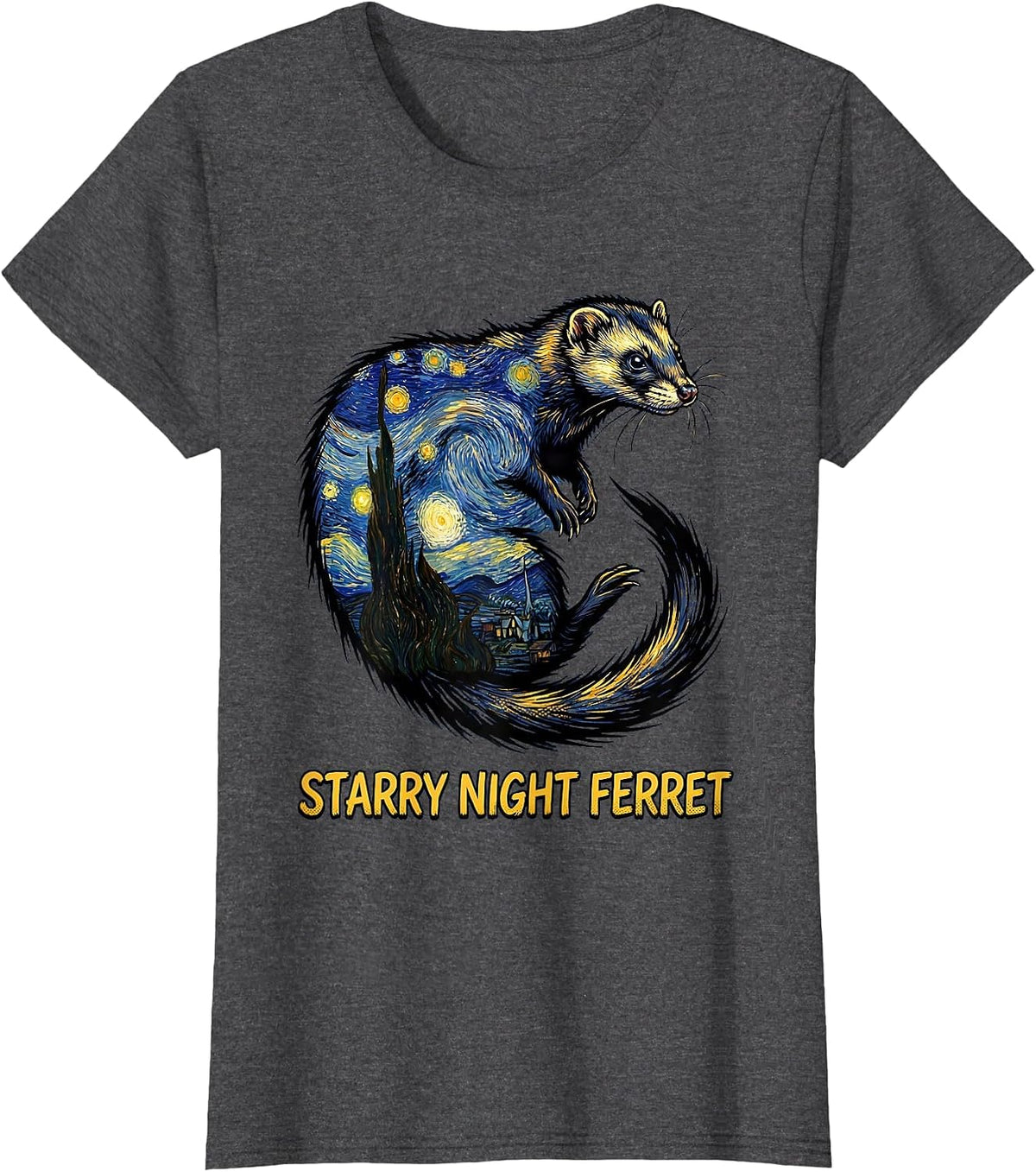 Women's Starry Night Ferret Comic Book Ferret Lover Art Homage T-Shirt - Dark Heather Grey