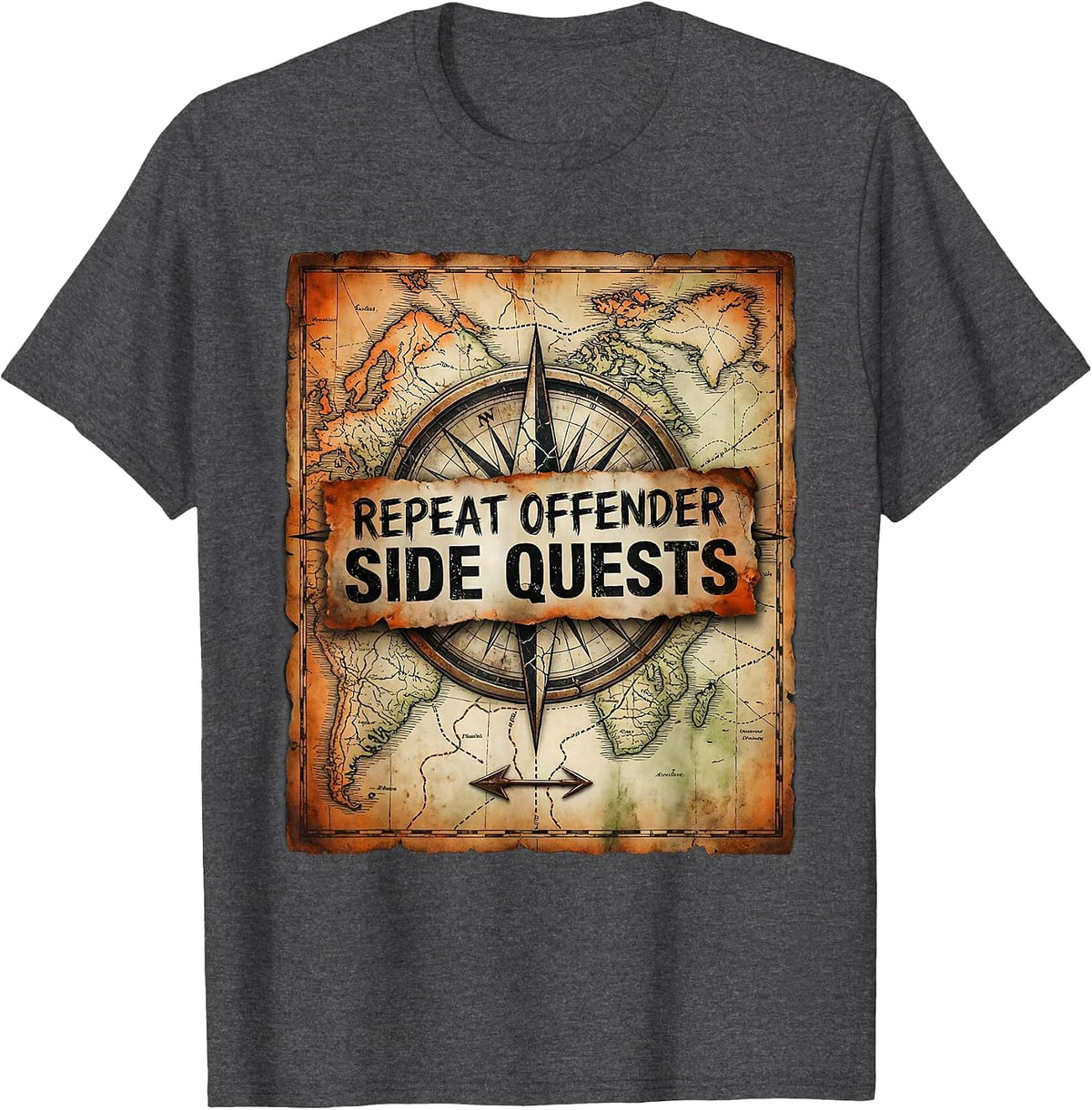 Men's Repeat Offender Side Quests Distressed RPG Gamer Humor T-Shirt - Dark Heather Grey