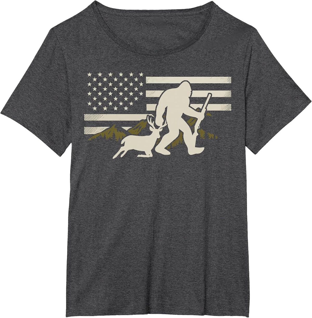 Bigfoot Deer Hunting USA Flag Deer Hunting Buck Season T-Shirt - Dark Heather Grey