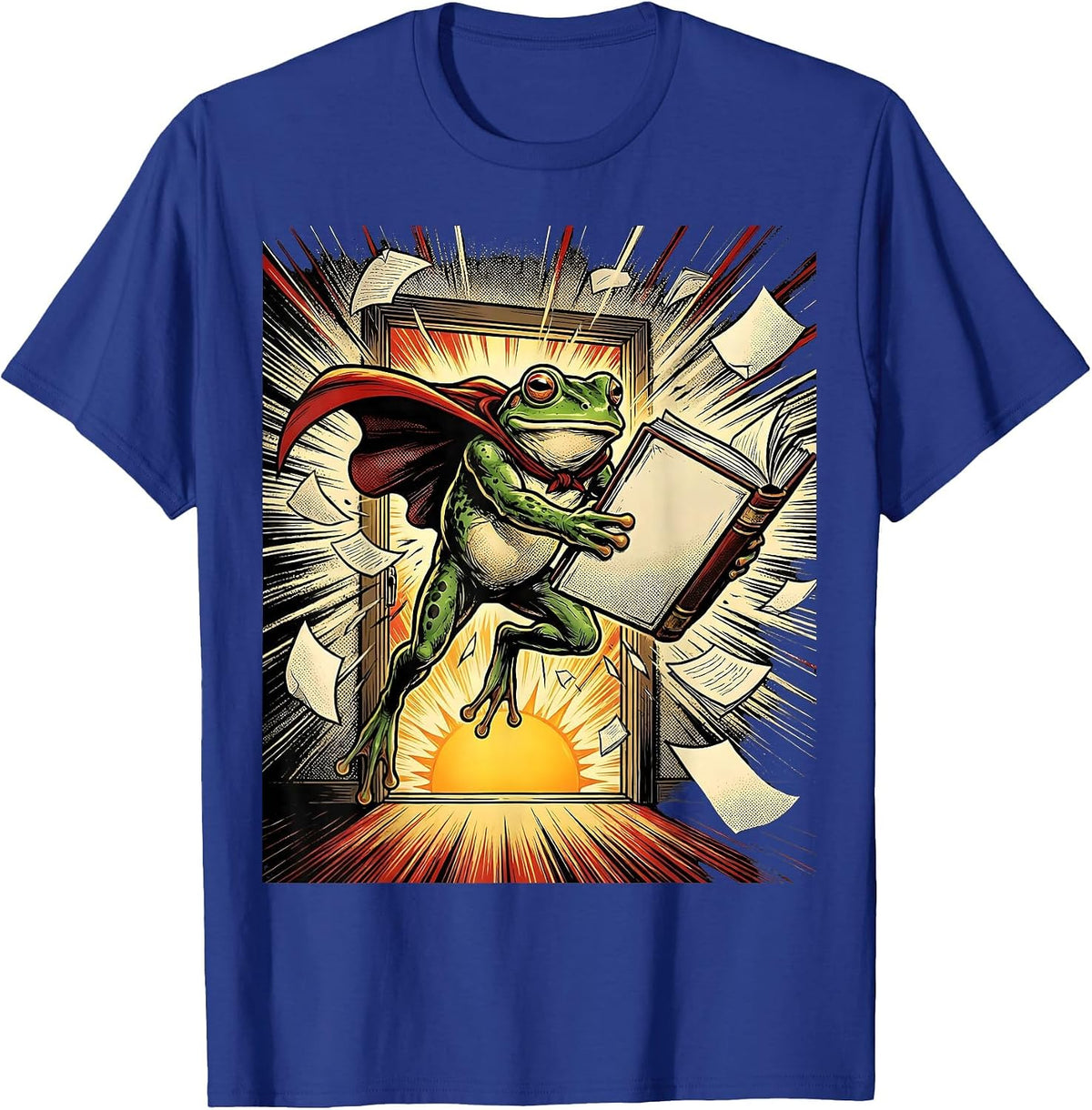 Leaping Caped Frog Comic Book Teacher Back To School T-Shirt, Men, Royal Blue, Medium - As Pictured