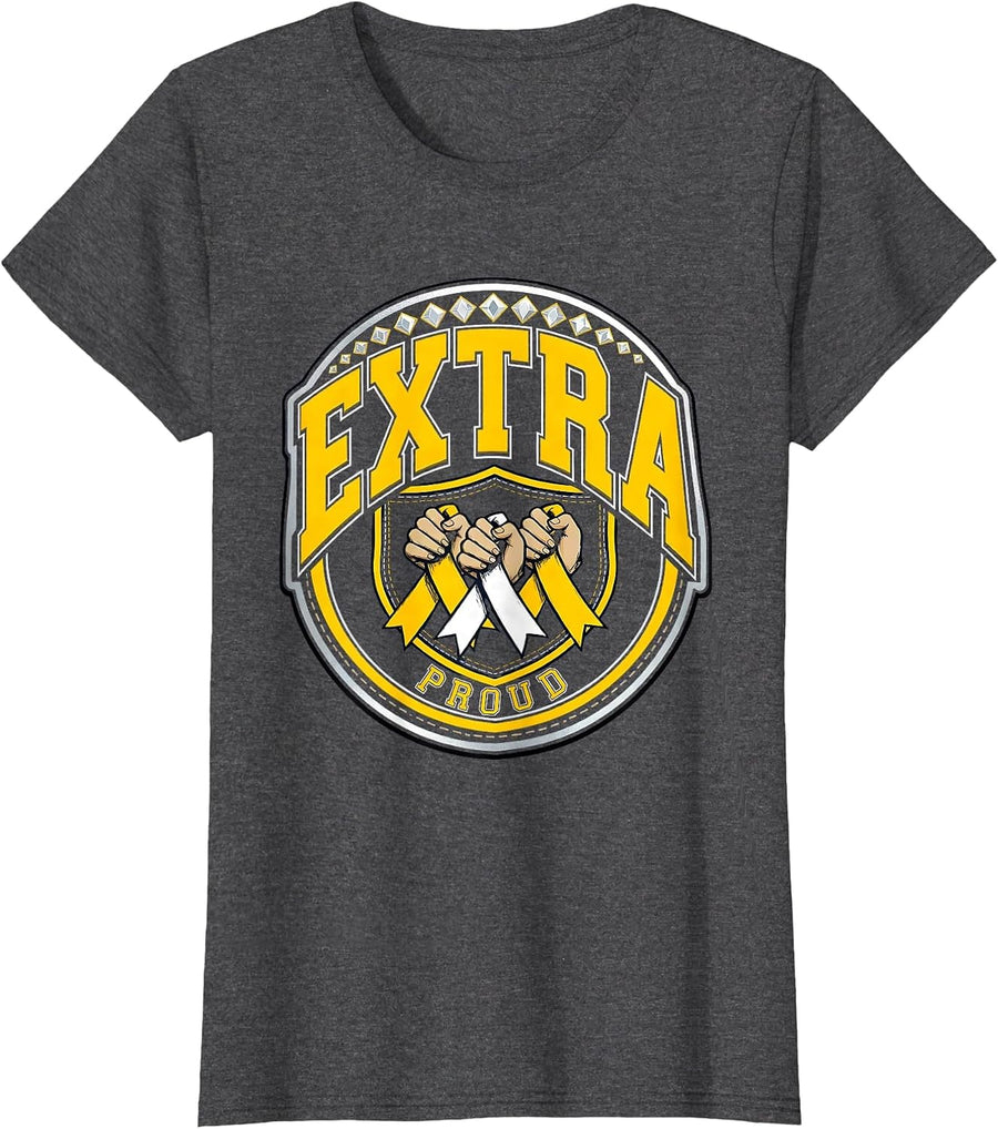 Women's Extra Chromosome Pride Sparkle Varsity Ribbon Shield Homies T-Shirt - Dark Heather Grey