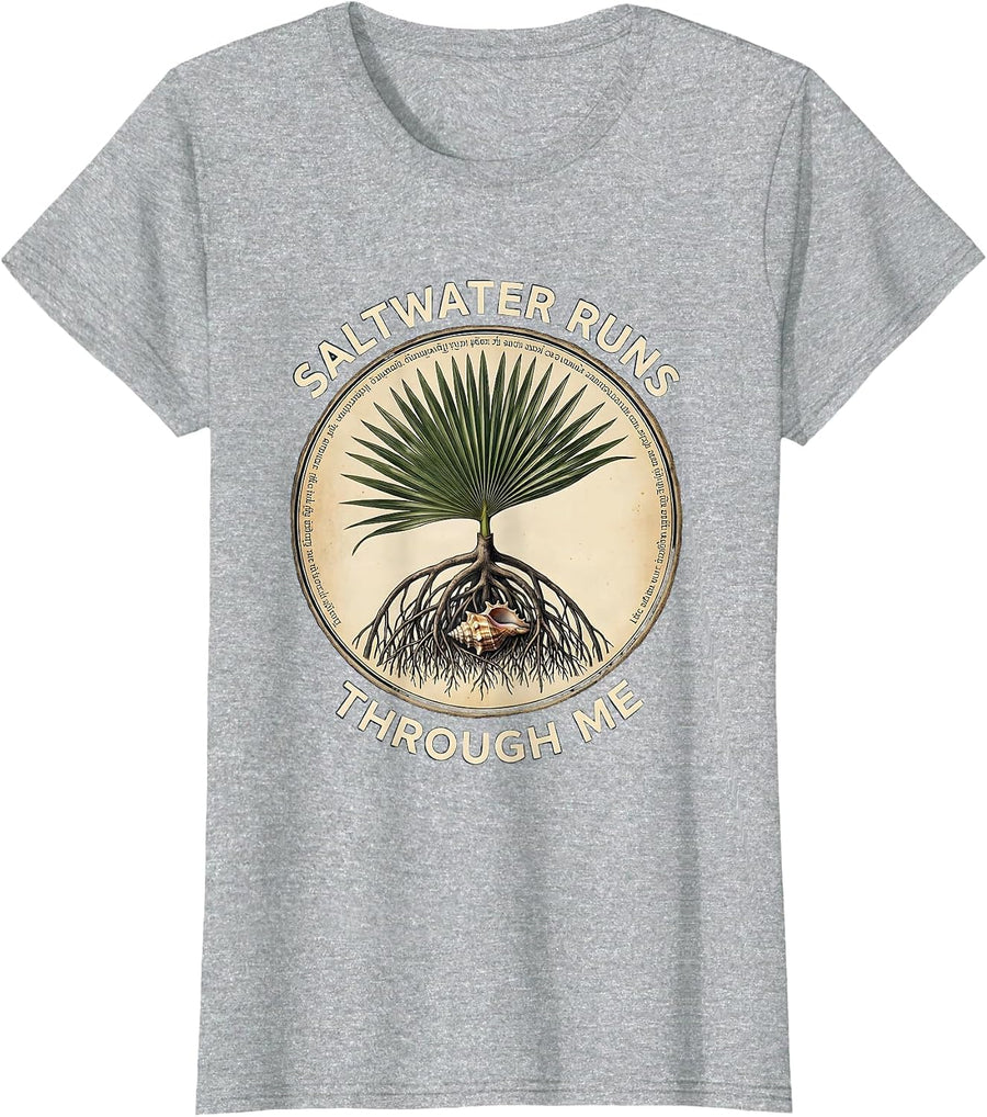 Saltwater Runs Through Me Caribbean Design T-Shirt, Women, Heather Grey, Large - As Pictured