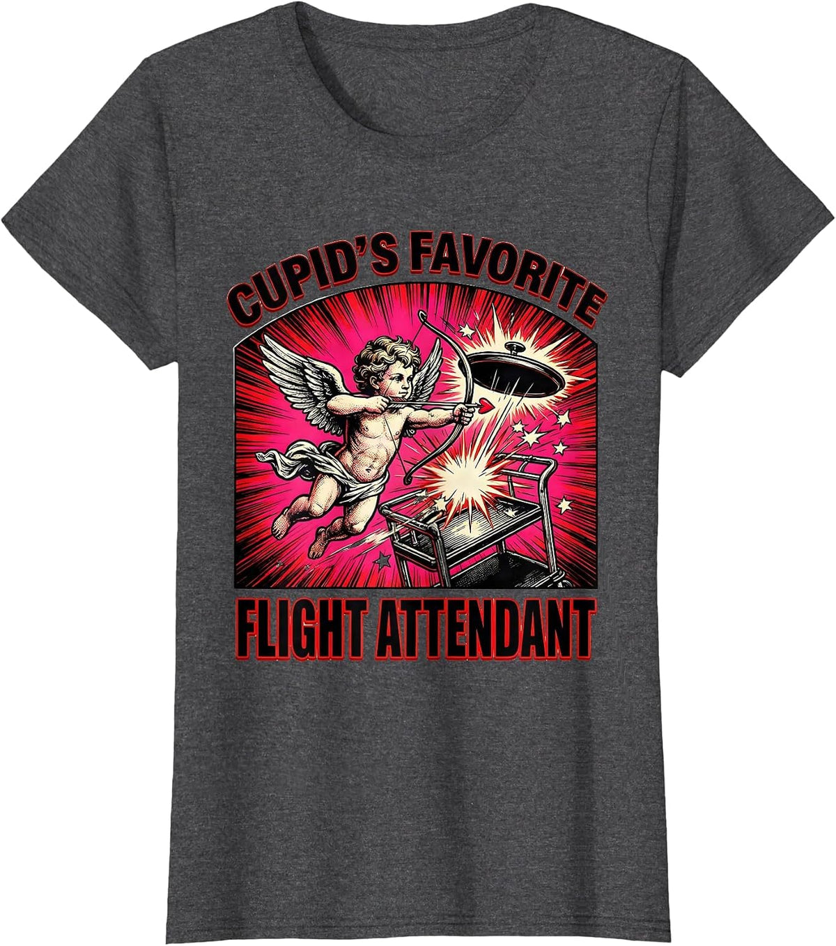 Women's Cupid's Favorite Flight Attendant Funny Valentine Angel T-Shirt - Dark Heather Grey