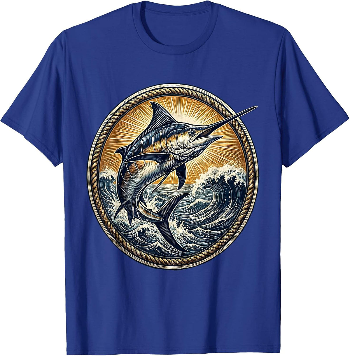 Marlin Leaping Ocean Waves Sunrise Hawaiian Design T-Shirt - Royal Blue