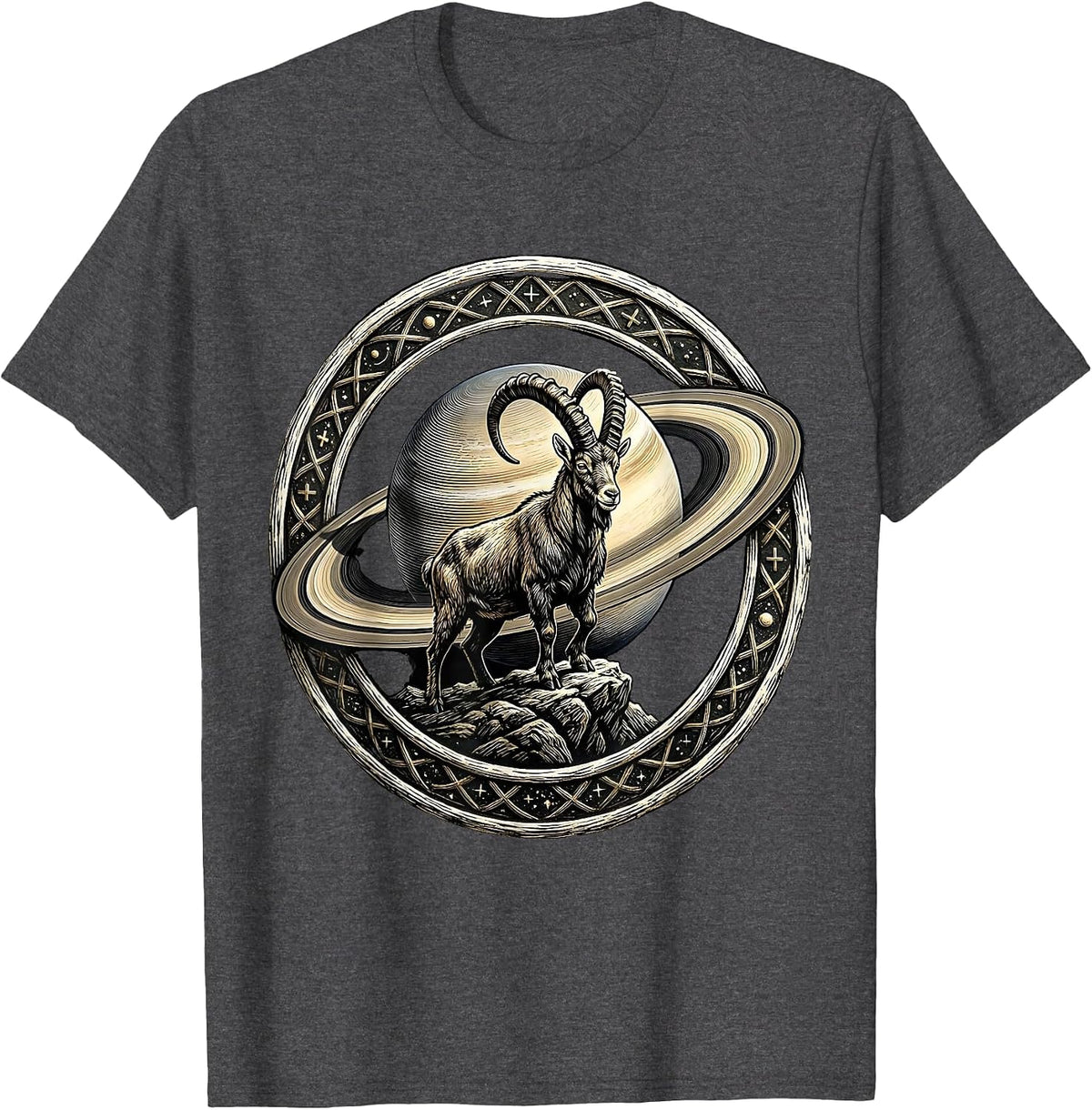 Men's Capricorn Goat Silhouette Saturn Zodiac Design T-Shirt - Dark Heather Grey