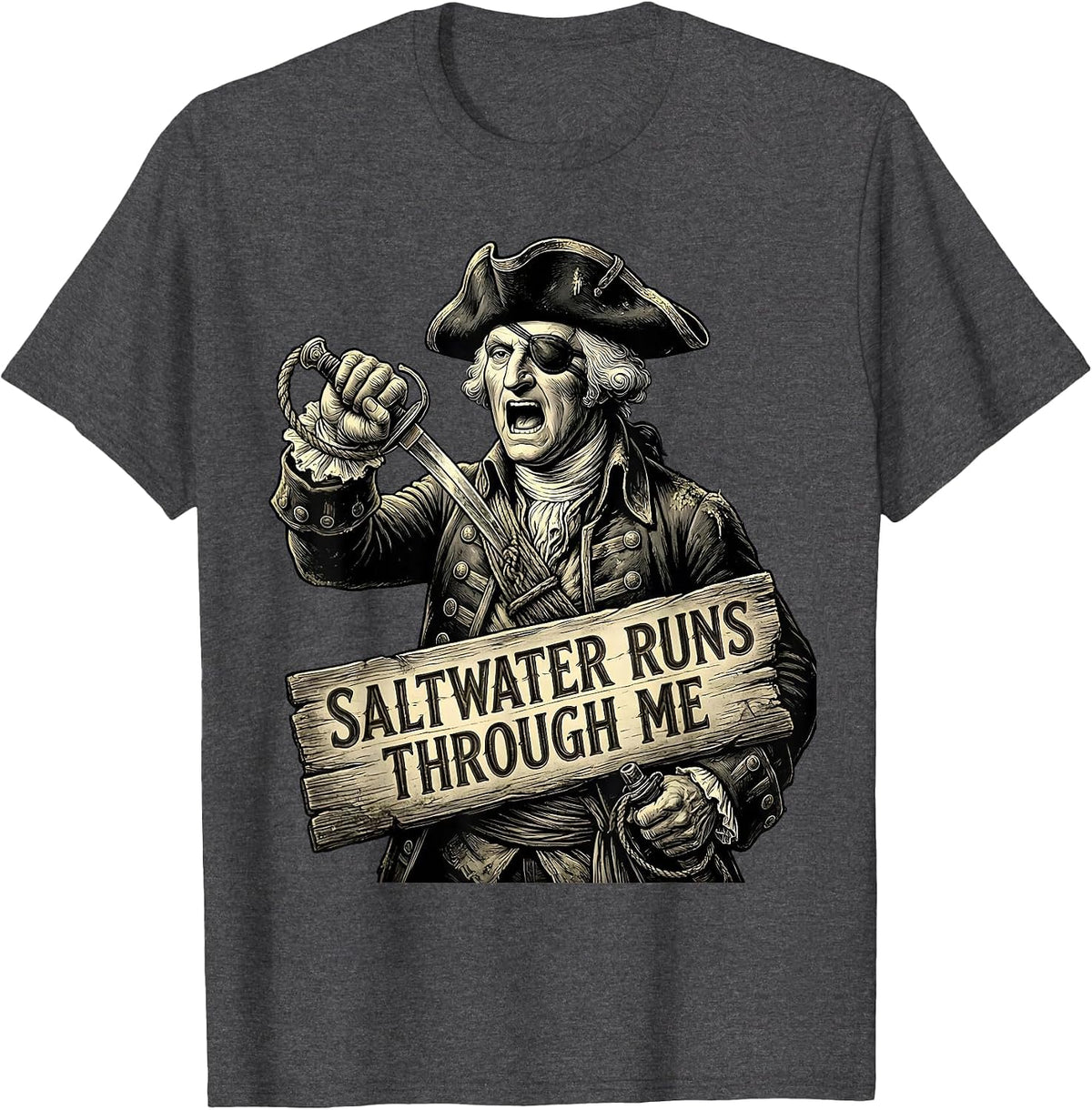 Saltwater Runs Through Me Pirate Design T-Shirt - Dark Heather Grey