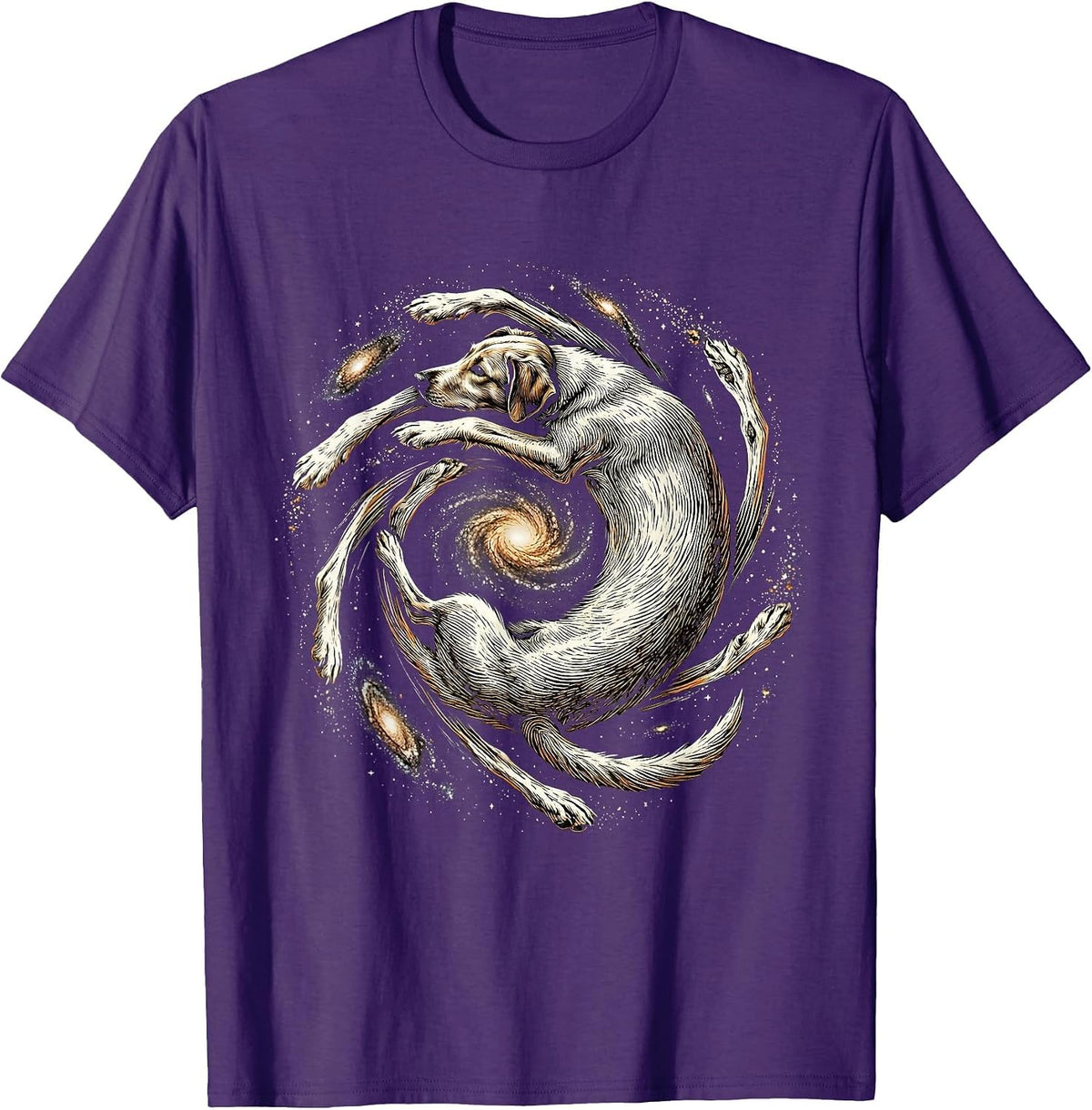 Men's Cosmic Dog Spiral Galaxy Chasing Tail Design T-Shirt - Purple