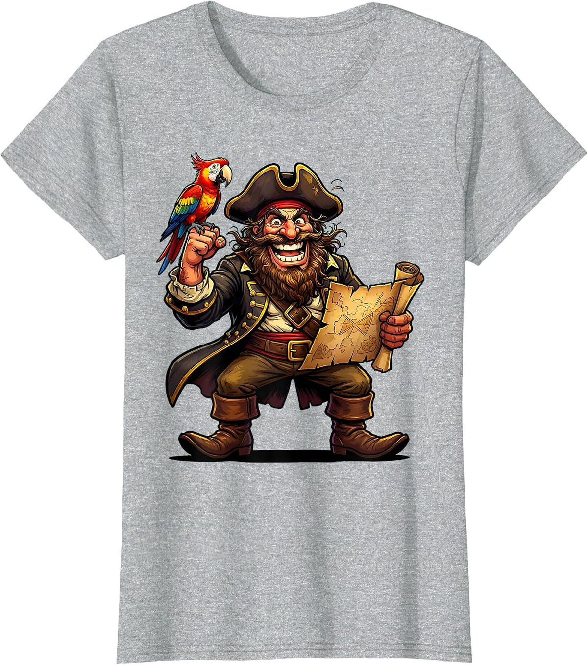 Women's Bearded Pirate Parrot and Treasure Map Graphic T-Shirt - Heather Grey