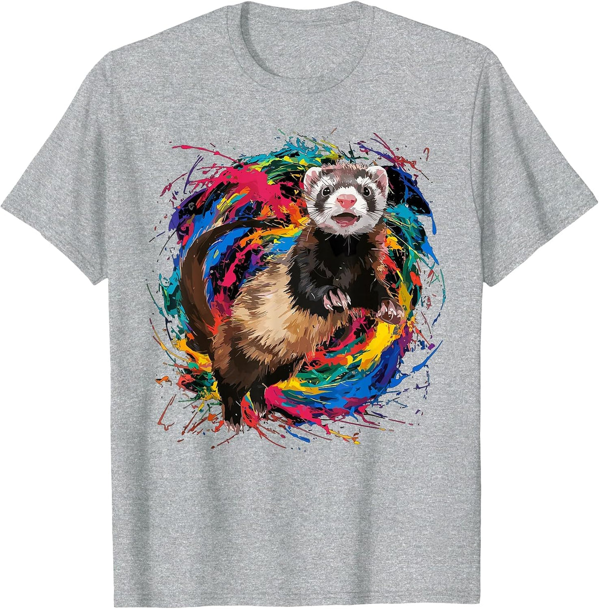 Colorful Paint Splash Ferret Art Graphic T-Shirt - Heather Grey