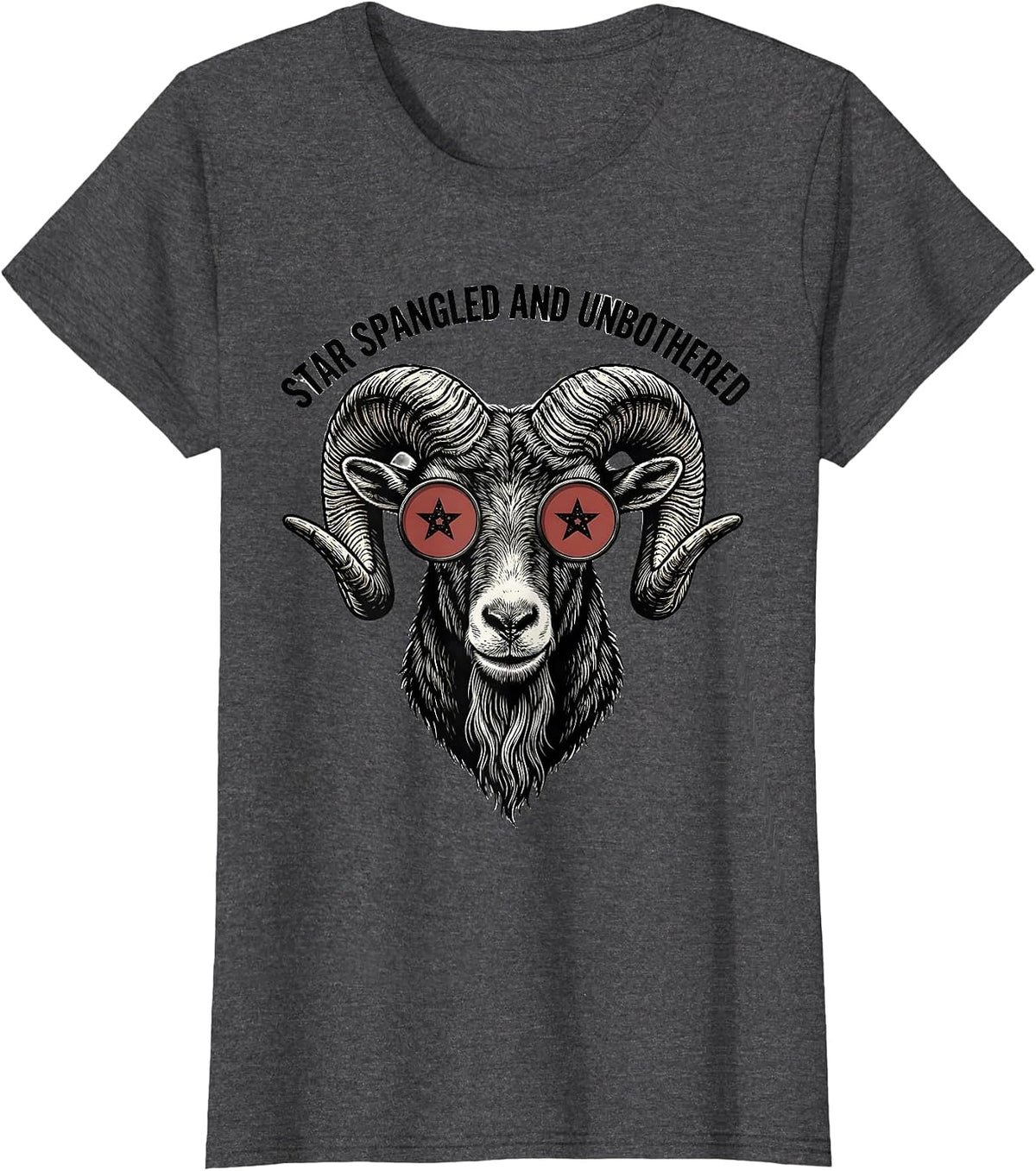 Women's Star Spangled And Unbothered Bold Goat Woodcut Engraving T-Shirt - Dark Heather Grey