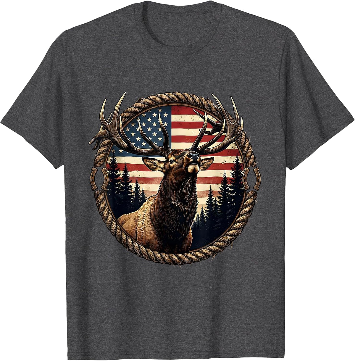 Bull Elk Bugling in Pine Forest Wildlife Art T-Shirt - Dark Heather Grey