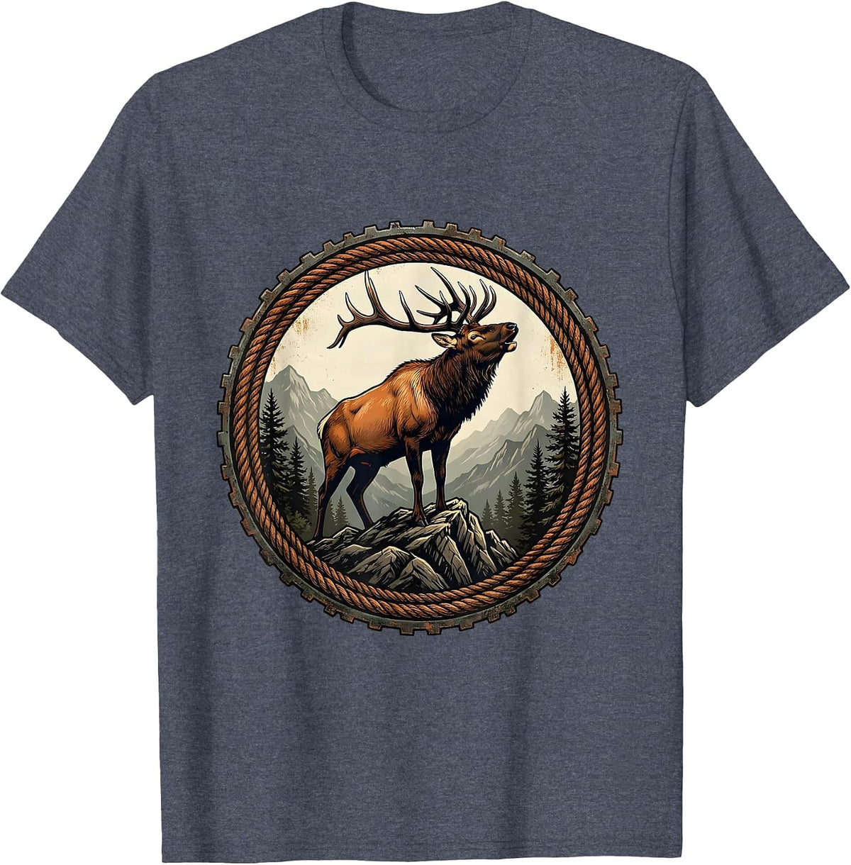 Elk Bugling on Rocky Mountain Ridge Design T-Shirt - Heather Blue