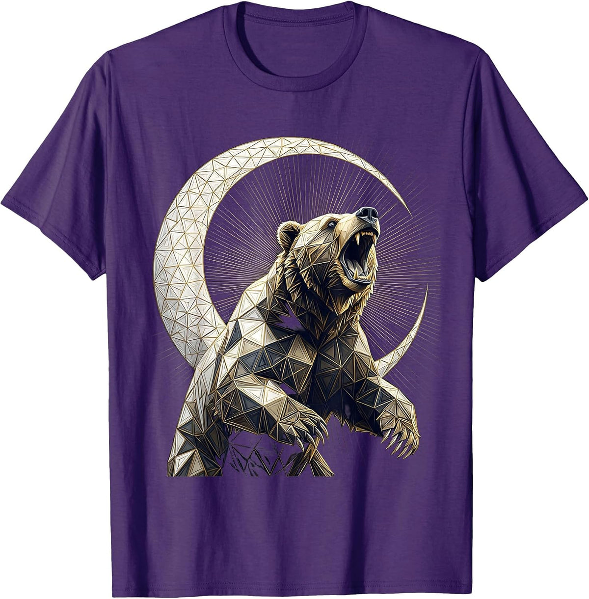 Men's Bear Roaring at Crescent Moon Graphic Tee T-Shirt - Purple