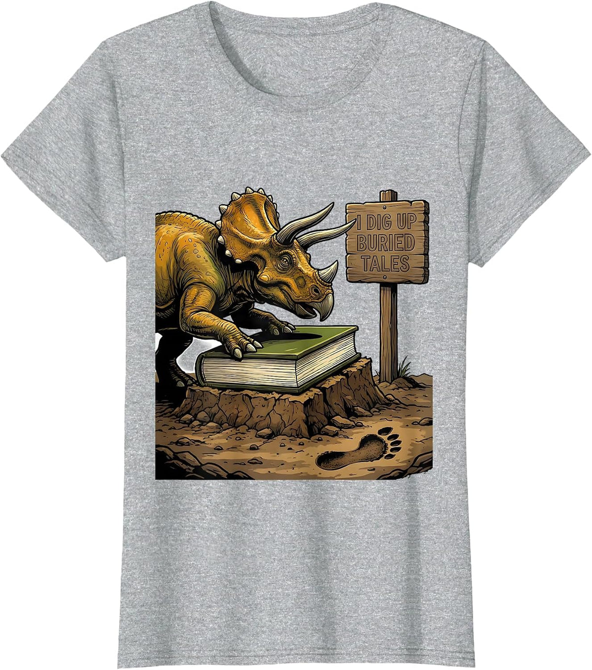 Women's I Dig Up Buried Tales Funny Dinosaur Bookworm Summer Reading T-Shirt - Heather Grey