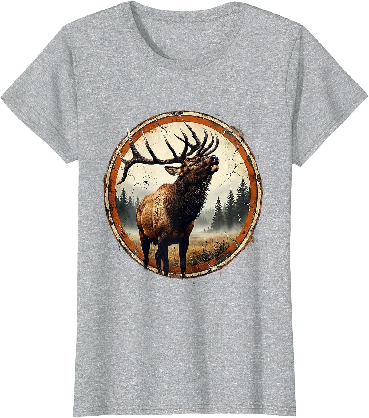 Bull Elk Bugling in Misty Meadow Illustration T-Shirt - Heather Grey