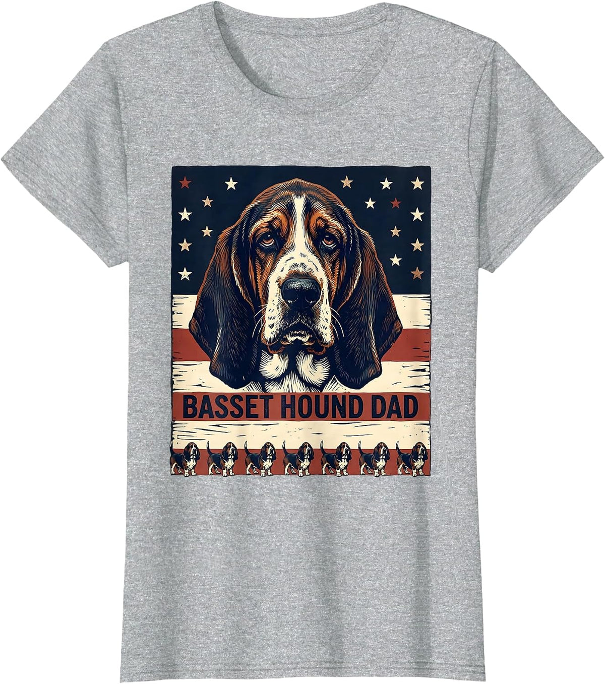 Basset Hound Dad Patriotic Linocut Dog Breed Pride T-Shirt - Heather Grey