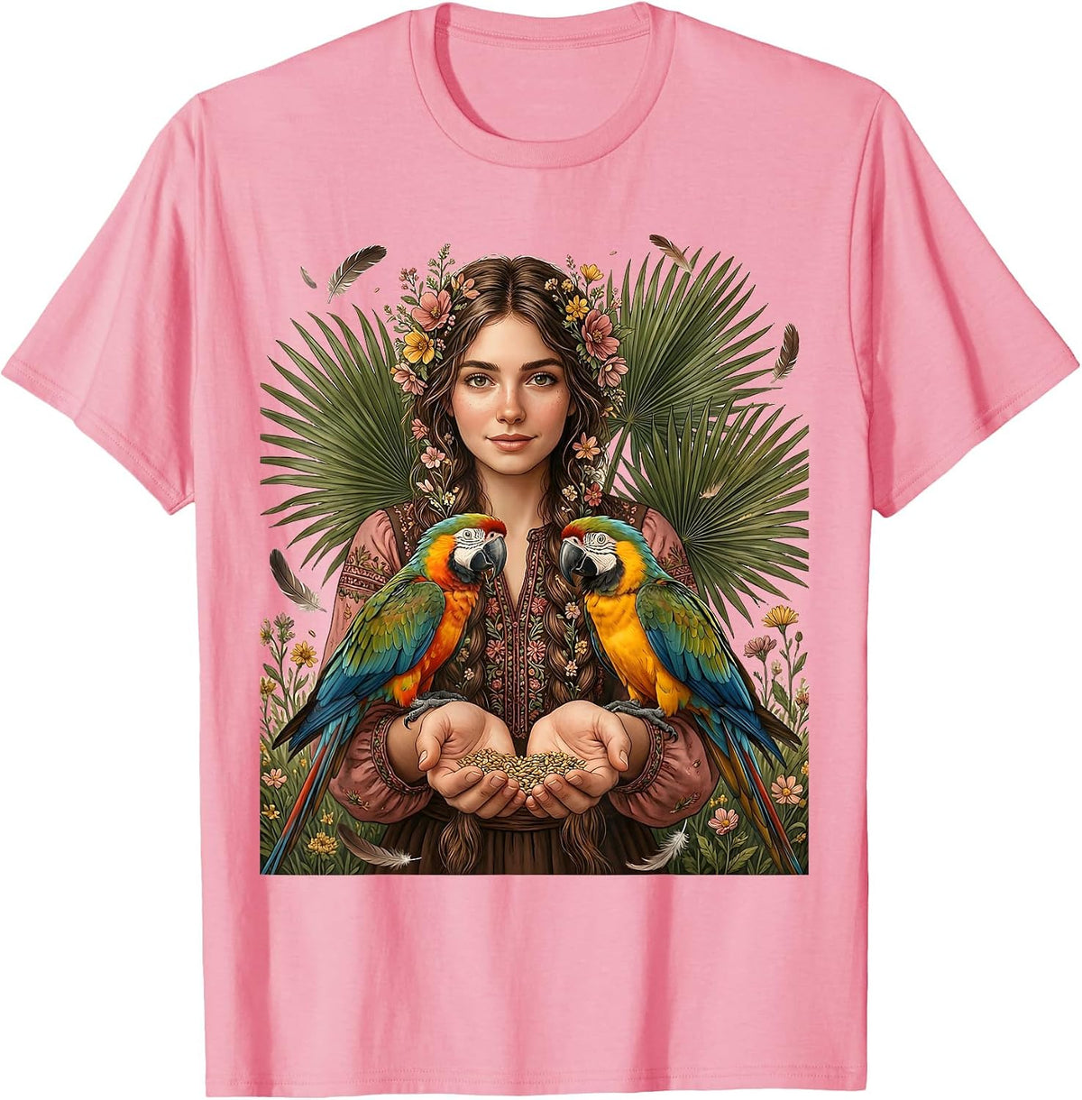 Men's Mexican Girl With Braids Feeding Colorful Parrots T-Shirt - Pink