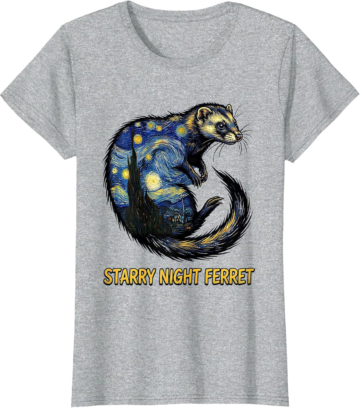 Women's Starry Night Ferret Comic Book Ferret Lover Art Homage T-Shirt - Heather Grey