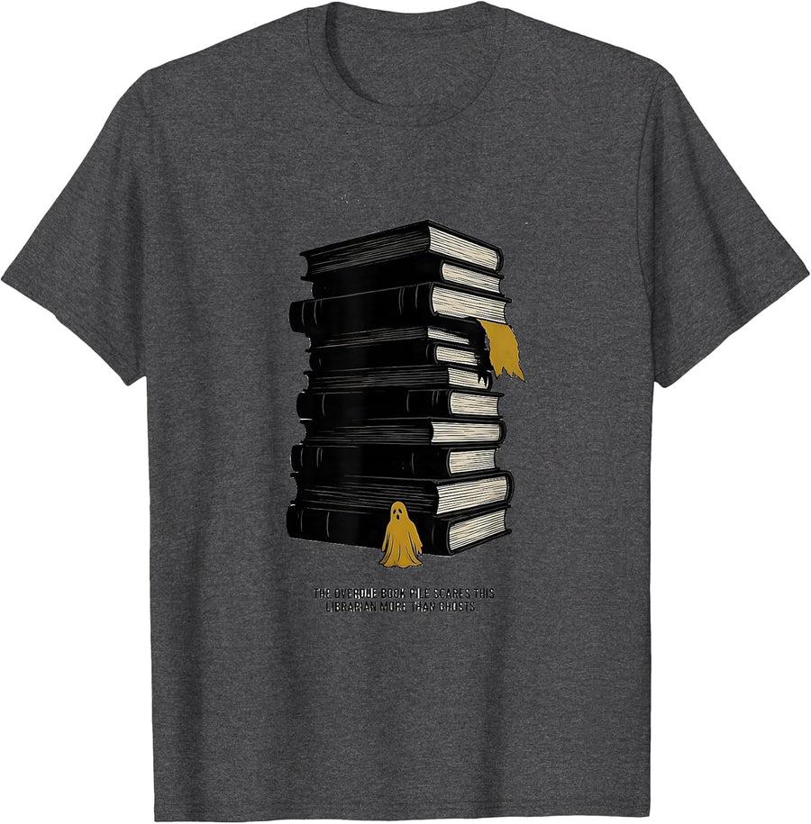 Men's The Overdue Book Pile Scares This Librarian More Than Ghosts T-Shirt - Dark Heather Grey