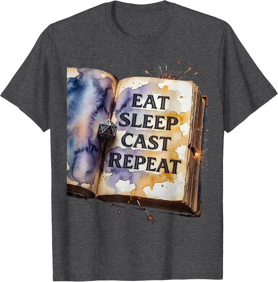 Men's Eat Sleep Cast Repeat Watercolor Magic Gamer Gift T-Shirt - Dark Heather Grey