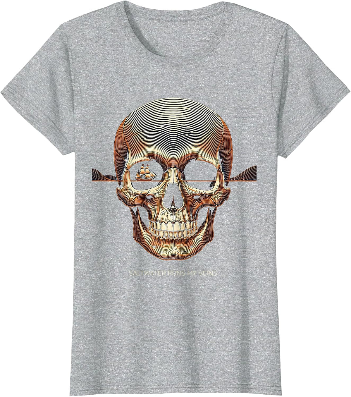 Women's Saltwater Runs My Veins Pirate Design T-Shirt - Heather Grey