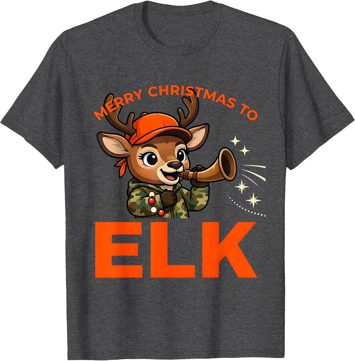 Men's MERRY CHRISTMAS TO ELK Funny Cartoon Elk Hunter Christmas T-Shirt - Dark Heather Grey