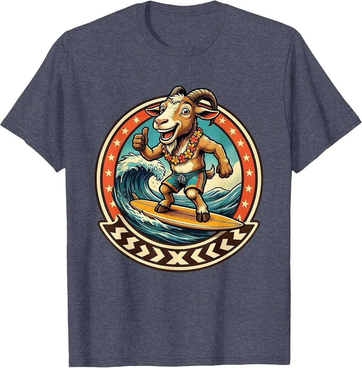 Surfing Goat Riding Ocean Wave Illustration T-Shirt - Heather Blue